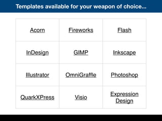 Templates available for your weapon of choice...
Acorn Fireworks Flash
InDesign GIMP Inkscape
Illustrator OmniGrafﬂe Photoshop
QuarkXPress Visio
Expression
Design
 