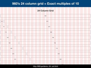 http://960.gs/demo_24_col.html
960’s 24 column grid = Exact multiples of 10
 