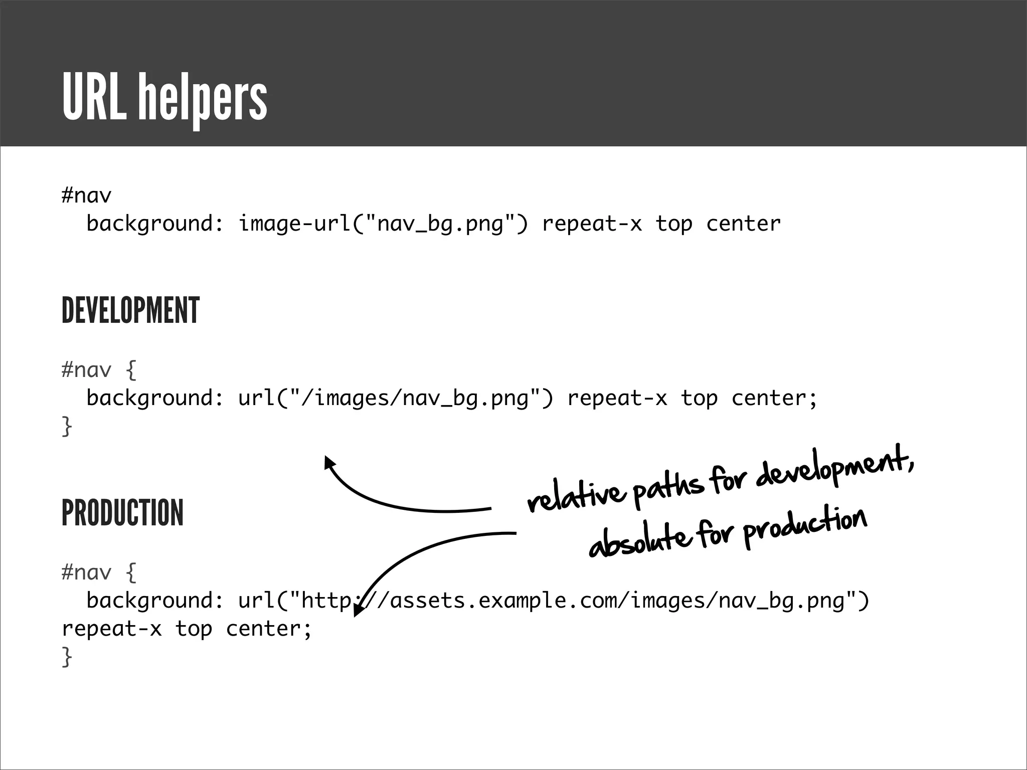 URL helpers
#nav
  background: image-url("nav_bg.png") repeat-x top center



DEVELOPMENT
#nav {
  background: url("/images/nav_bg.png") repeat-x top center;
}

                                                           elopment,
                                                ths for dev
                                    relative pa
PRODUCTION                                             production
                                         a bsolute for
#nav {
  background: url("http://assets.example.com/images/nav_bg.png")
repeat-x top center;
}
 