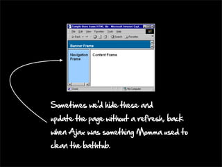 Sometimes we’d hide these and
update the page without a refresh, back
when Ajax was something Momma used to
clean the bathtub.
 