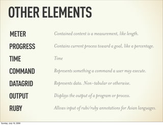 OTHER ELEMENTS
         METER          Contained content is a measurement, like length.

        PROGRESS        Contains ...