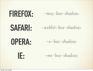 FIREFOX:       -moz-box-shadow:

                  SAFARI:     -webkit-box-shadow:

                   OPERA:       -o-box...