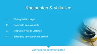 verfrissend communiceren
Knelpunten & Valkuilen
1) Weinig tijd & budget
2) Ontbreekt aan overzicht
3) Niet weten wat te vertellen
4) Scheiding persoonlijk en zakelijk
 