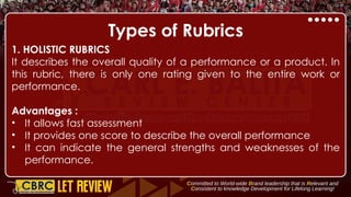 Types of Rubrics
1. HOLISTIC RUBRICS
It describes the overall quality of a performance or a product. In
this rubric, there is only one rating given to the entire work or
performance.
Advantages :
• It allows fast assessment
• It provides one score to describe the overall performance
• It can indicate the general strengths and weaknesses of the
performance.
 