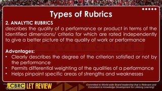 Types of Rubrics
2. ANALYTIC RUBRICS
describes the quality of a performance or product in terms of the
identified dimensions/ criteria for which are rated independently
to give a better picture of the quality of work or performance
Advantages:
• Clearly describes the degree of the criterion satisfied or not by
the performance
• Permits differential weighting of the qualities of a performance
• Helps pinpoint specific areas of strengths and weaknesses
 