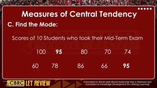 Measures of Central Tendency
C. Find the Mode:
Scores of 10 Students who took their Mid-Term Exam
100 95 80 70 74
60 78 86 66 95
 