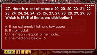 27. Here is a set of scores: 20, 20, 20, 20, 21, 22,
23, 24, 24, 24, 24, 25, 26, 27, 27, 28, 28, 29, 29, 30.
Which is TRUE of the score distribution?
A. It has extremely high and low scores.
B. It is bimodal.
C. The mean is equal to the mode.
D. The median is below 15
 