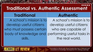 Traditional vs. Authentic Assessment
Traditional Authentic
A school’s mission is to
develop useful citizens
who must possess certain
body of knowledge and
skills.
A school’s mission is to
develop useful citizens
who are capable of
performing useful tasks in
the real world.
 