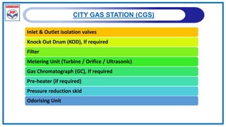 CITY GAS STATION (CGS)
Inlet & Outlet isolation valves
Knock Out Drum (KOD), If required
Filter
Metering Unit (Turbine / Orifice / Ultrasonic)
Gas Chromatograph (GC), If required
Pre-heater (if required)
Pressure reduction skid
• 
Odorising Unit
 