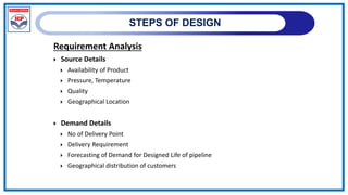 STEPS OF DESIGN
Requirement Analysis
 Source Details
 Availability of Product
 Pressure, Temperature
 Quality
 Geographical Location
 Demand Details
 No of Delivery Point
 Delivery Requirement
 Forecasting of Demand for Designed Life of pipeline
 Geographical distribution of customers
 