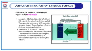 CORROSION MITIGATION FOR EXTERNAL SURFACE
CRITERIA OF C.P. FOR STEEL AND CAST IRON
Pipeline AS PER NACE SP0169
• A negative ( Cathodic) potential of at least
850 mV with the cathodic protection applied.
These potential is measured with respect to
saturated Copper/ Copper Sulphate reference
electrode contacting electrolyte.
• A Minimum of 100 mV of Cathodic
Polarization between the Pipeline surface and
a stable reference electrode contacting the
electrolyte. The formation of decay of
Polarization can be measured to satisfy the
criterion.
 