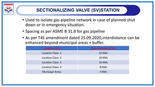 SECTIONALIZING VALVE (SV)STATION
• Used to isolate gas pipeline network in case of planned shut
down or in emergency situation.
• Spacing as per ASME B 31.8 for gas pipeline
• As per T4S amendment dated 25.09.2020,interdistance can be
enhanced beyond municipal areas + buffer.
Location Class Inter distance of SVs
Location Class- 1 32 KMs
Location Class- 2 24 KMs
Location Class- 3 16 KMs
Location Class- 4 8 KMs
Municipal Areas 3 KMs
 