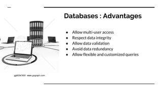 Databases : Advantages
● Allow multi-user access
● Respect data integrity
● Allow data validation
● Avoid data redundancy
● Allow flexible and customized queries
 