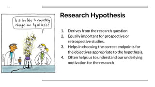 Research Hypothesis
1. Derives from the research question
2. Equally important for prospective or
retrospective studies.
3. Helps in choosing the correct endpoints for
the objectives appropriate to the hypothesis.
4. Often helps us to understand our underlying
motivation for the research
 