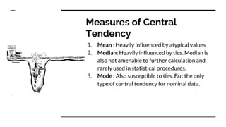Measures of Central
Tendency
1. Mean : Heavily influenced by atypical values
2. Median: Heavily influenced by ties. Median is
also not amenable to further calculation and
rarely used in statistical procedures.
3. Mode : Also susceptible to ties. But the only
type of central tendency for nominal data.
 
