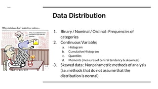 Data Distribution
1. Binary / Nominal / Ordinal : Frequencies of
categories
2. Continuous Variable:
a. Histogram
b. Cumulative Histogram
c. Quantiles
d. Moments (measures of central tendency & skewness)
3. Skewed data : Nonparametric methods of analysis
(i.e. methods that do not assume that the
distribution is normal).
 
