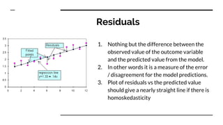 Residuals
1. Nothing but the difference between the
observed value of the outcome variable
and the predicted value from the model.
2. In other words it is a measure of the error
/ disagreement for the model predictions.
3. Plot of residuals vs the predicted value
should give a nearly straight line if there is
homoskedasticity
 