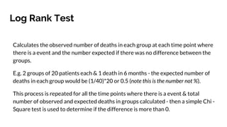 Log Rank Test
Calculates the observed number of deaths in each group at each time point where
there is a event and the number expected if there was no difference between the
groups.
E.g. 2 groups of 20 patients each & 1 death in 6 months - the expected number of
deaths in each group would be (1/40)*20 or 0.5 (note this is the number not %).
This process is repeated for all the time points where there is a event & total
number of observed and expected deaths in groups calculated - then a simple Chi -
Square test is used to determine if the difference is more than 0.
 