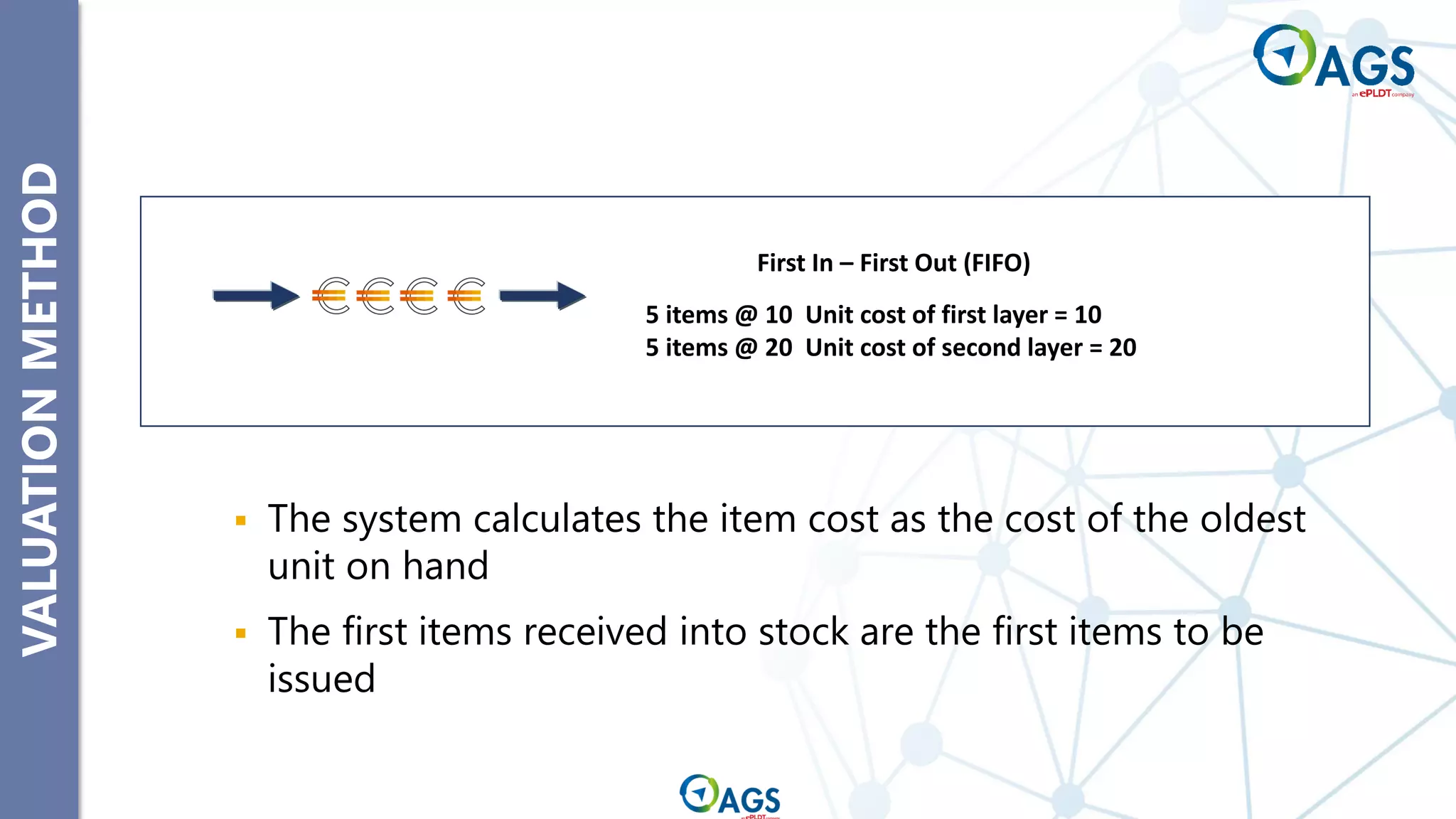 VALUATION
METHOD
▪ The system calculates the item cost as the cost of the oldest
unit on hand
▪ The first items received into stock are the first items to be
issued
First In – First Out (FIFO)
5 items @ 10 Unit cost of first layer = 10
5 items @ 20 Unit cost of second layer = 20
 