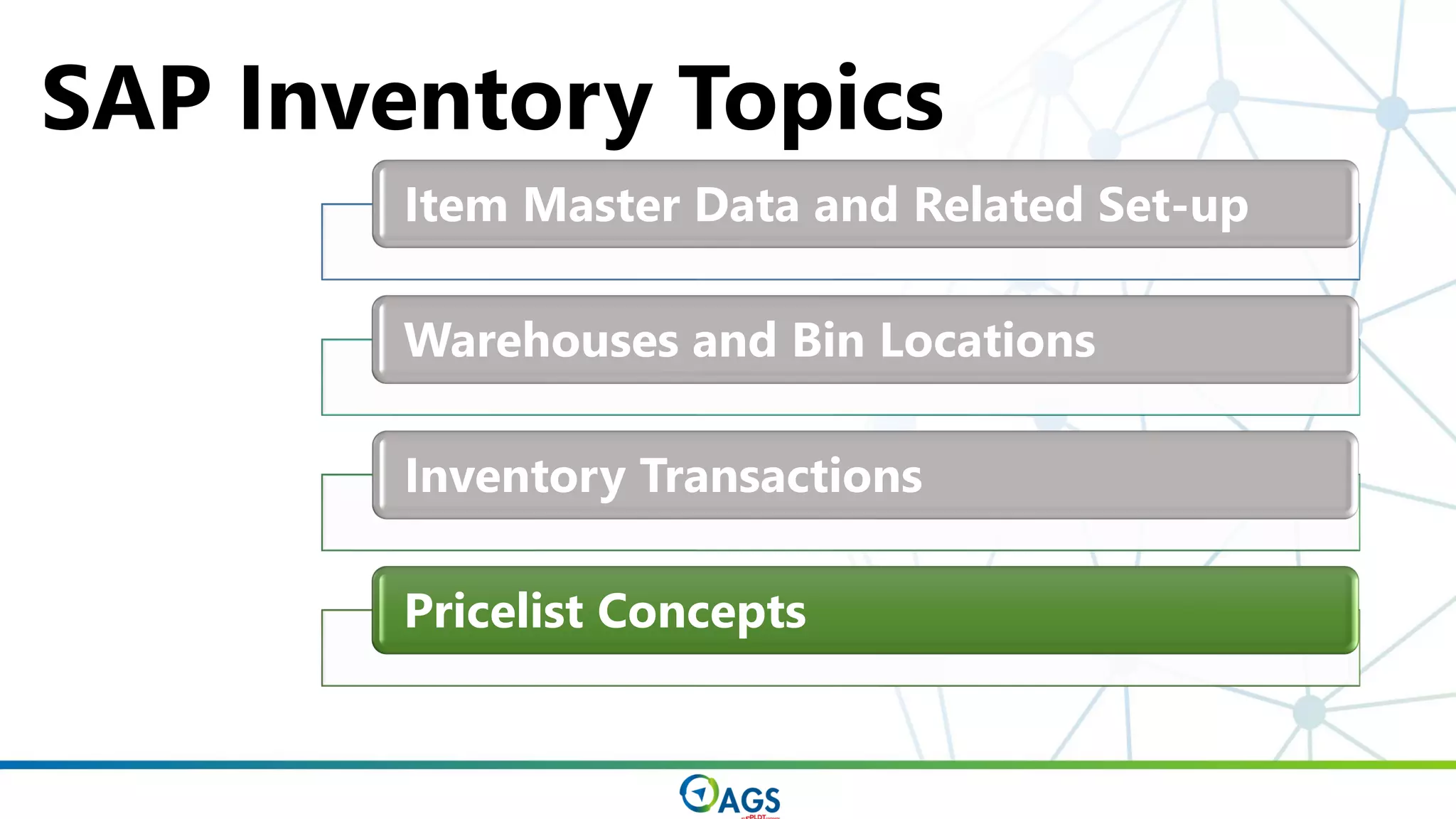 Item Master Data and Related Set-up
Warehouses and Bin Locations
Inventory Transactions
Pricelist Concepts
SAP Inventory Topics
 
