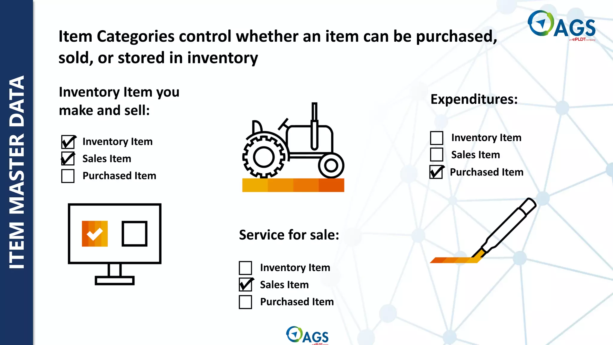 Purchased Item
Purchased Item
Inventory Item
Sales Item
Inventory Item
Sales Item
Purchased Item
Inventory Item
Sales Item
Service for sale:
Expenditures:
Inventory Item you
make and sell:
Item Categories control whether an item can be purchased,
sold, or stored in inventory
ITEM
MASTER
DATA
 