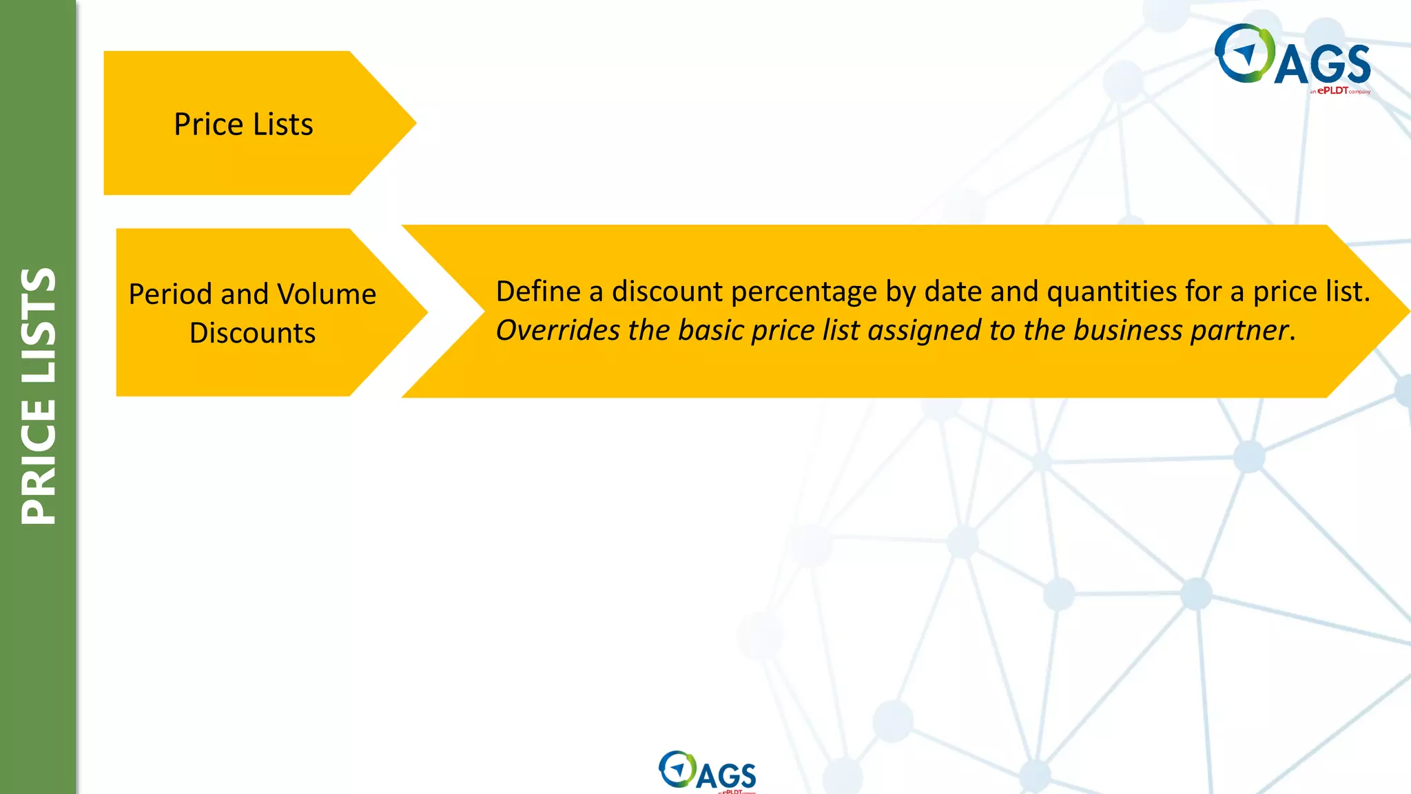 PRICE
LISTS
Price Lists
Define a discount percentage by date and quantities for a price list.
Overrides the basic price list assigned to the business partner.
Period and Volume
Discounts
 