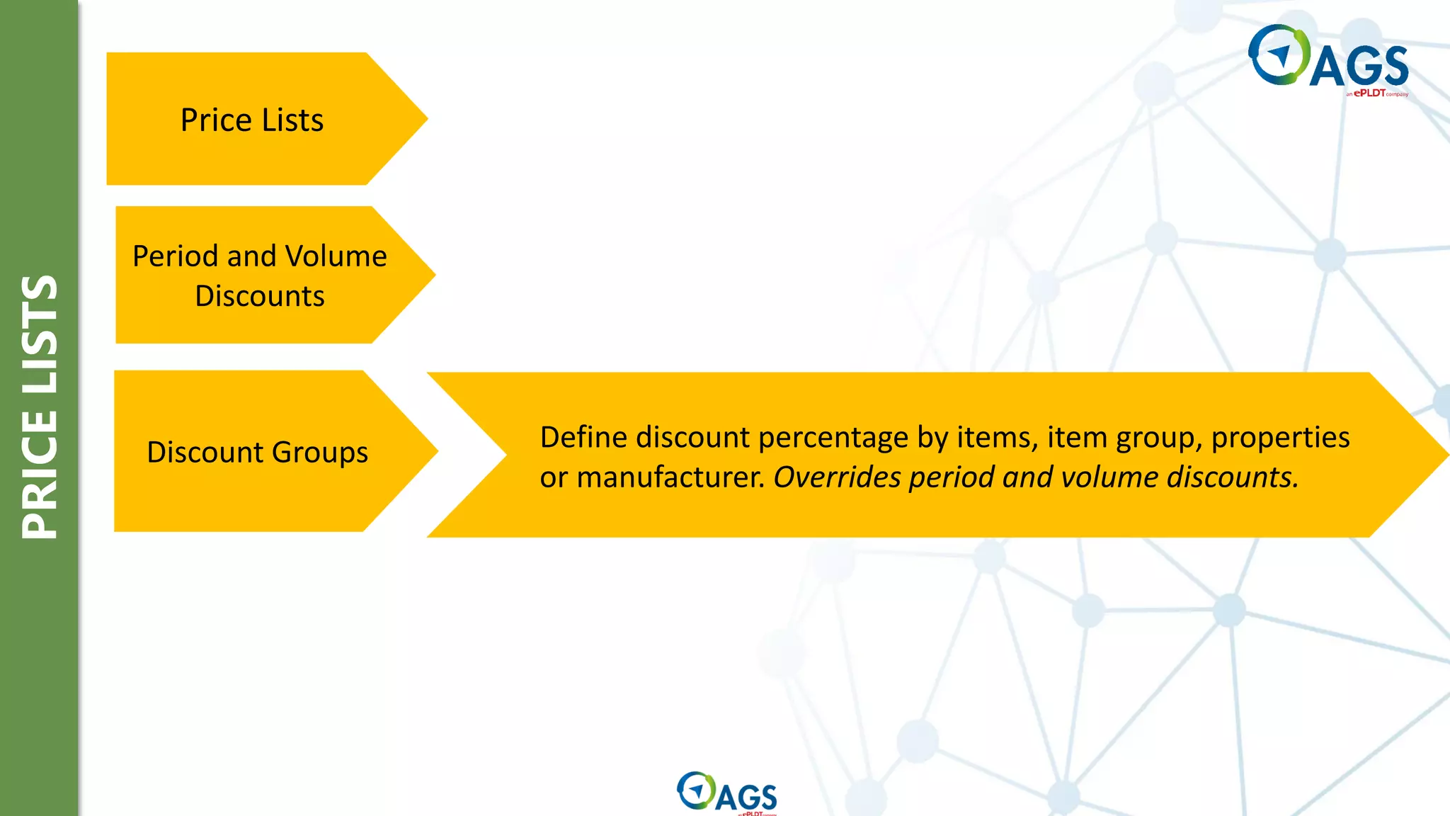 PRICE
LISTS
Price Lists
Period and Volume
Discounts
Define discount percentage by items, item group, properties
or manufacturer. Overrides period and volume discounts.
Discount Groups
 