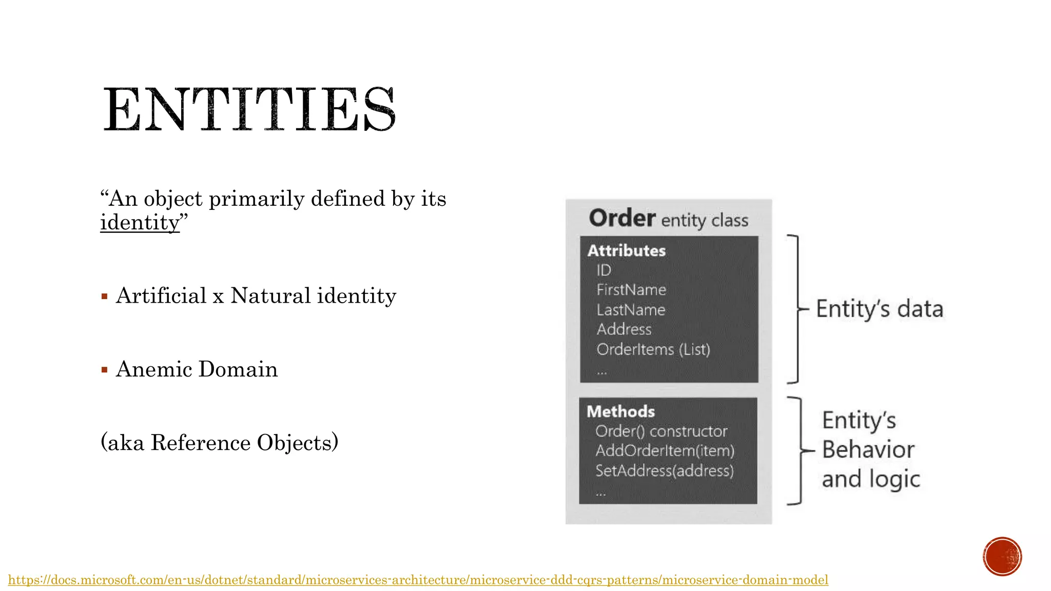 “An object primarily defined by its
identity”
 Artificial x Natural identity
 Anemic Domain
(aka Reference Objects)
https://docs.microsoft.com/en-us/dotnet/standard/microservices-architecture/microservice-ddd-cqrs-patterns/microservice-domain-model
 