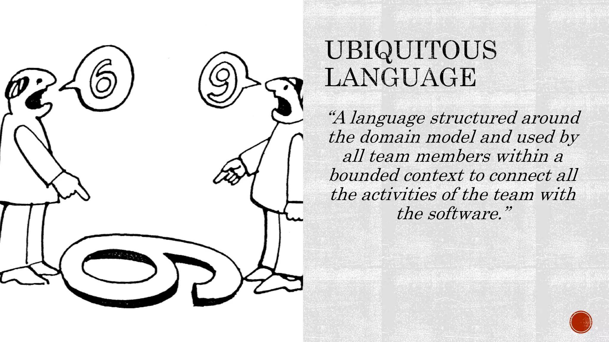 “A language structured around
the domain model and used by
all team members within a
bounded context to connect all
the activities of the team with
the software.”
 