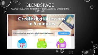 BLENDSPACE
ALLOWS EDUCATORS TO BLEND THEIR CLASSROOM WITH DIGITAL
CONTENT.
 