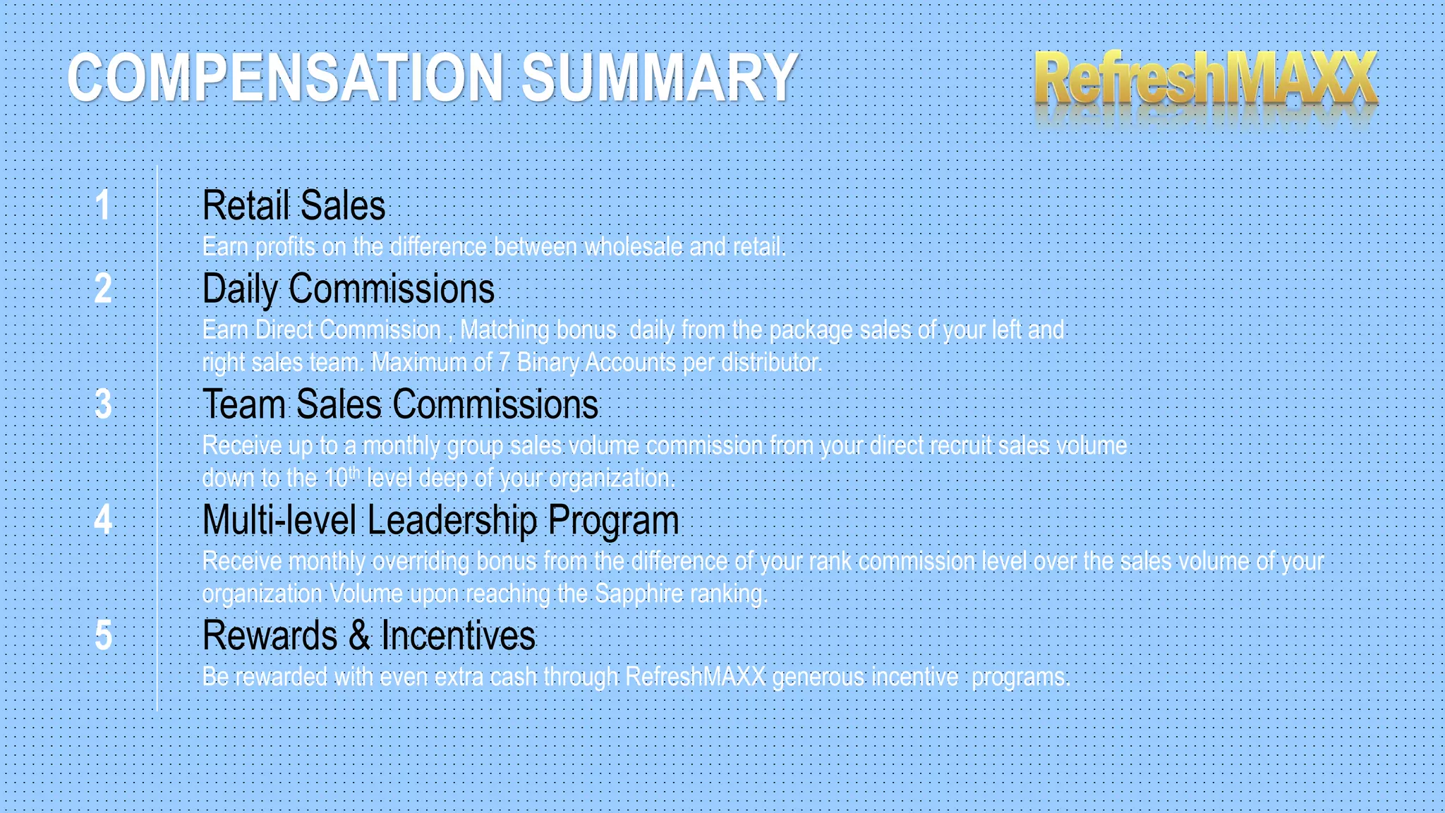COMPENSATION SUMMARY
1 Retail Sales
Earn profits on the difference between wholesale and retail.
2 Daily Commissions
Earn Direct Commission , Matching bonus daily from the package sales of your left and
right sales team. Maximum of 7 Binary Accounts per distributor.
3 Team Sales Commissions
Receive up to a monthly group sales volume commission from your direct recruit sales volume
down to the 10th level deep of your organization.
4 Multi-level Leadership Program
Receive monthly overriding bonus from the difference of your rank commission level over the sales volume of your
organization Volume upon reaching the Sapphire ranking.
5 Rewards & Incentives
Be rewarded with even extra cash through RefreshMAXX generous incentive programs.
 
