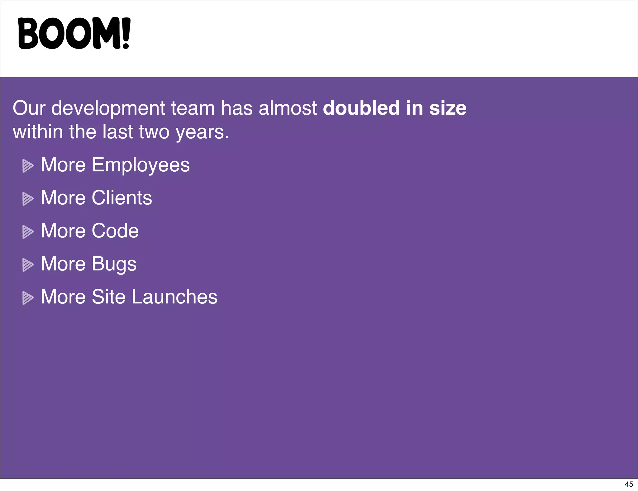 BOOM!
Our development team has almost doubled in size
within the last two years.
  More Employees
  More Clients
  More Code
  More Bugs
  More Site Launches




                                                  45
 