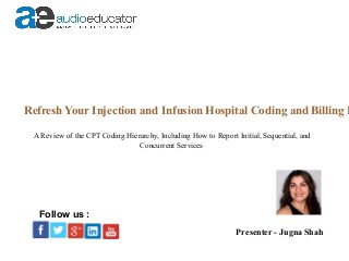 Refresh Your Injection and Infusion Hospital Coding and Billing K
A Review of the CPT Coding Hierarchy, Including How to Report Initial, Sequential, and
Concurrent Services
Presenter - Jugna Shah
Follow us :
 