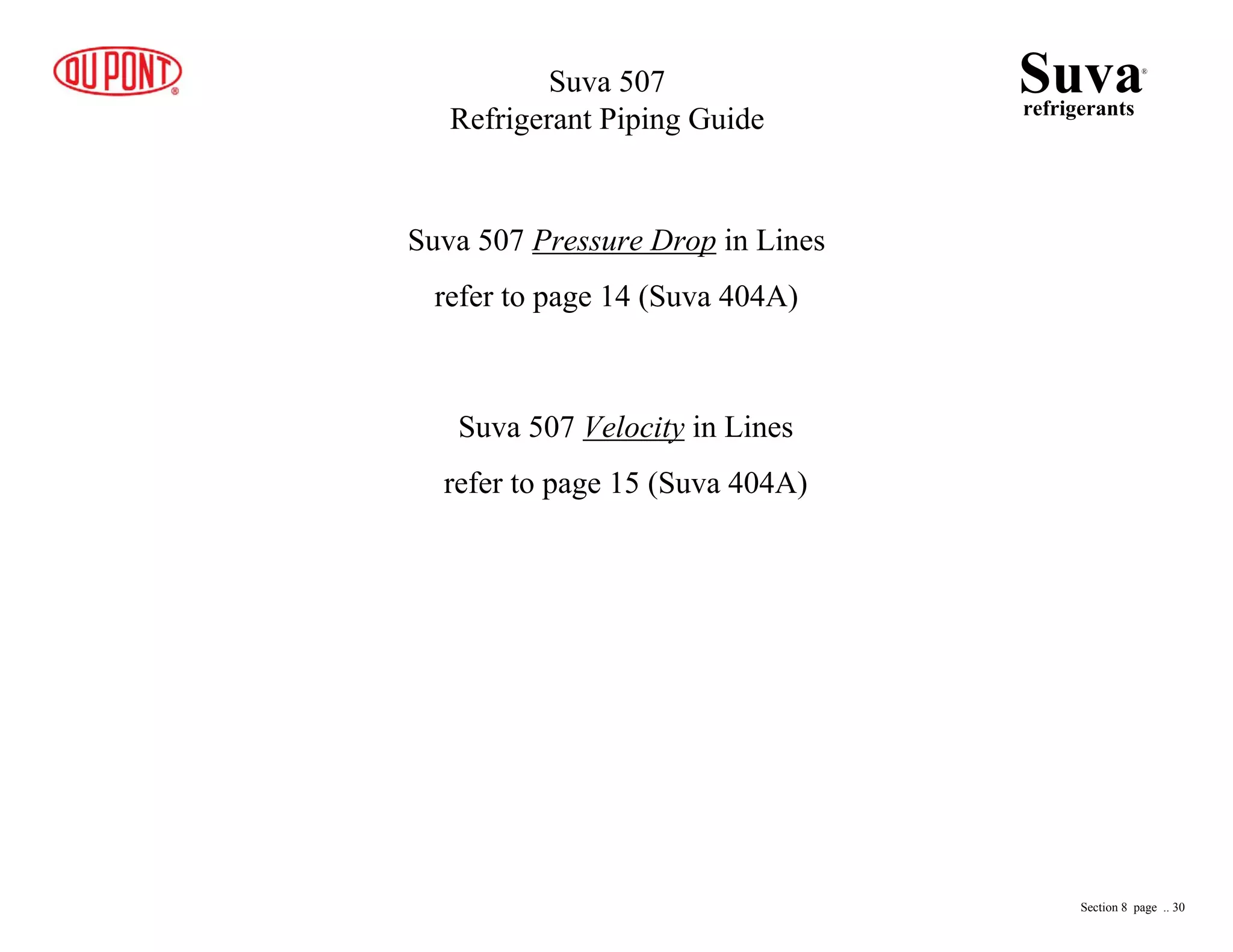 Suva 507 Pressure Drop in Lines
refer to page 14 (Suva 404A)
Suvarefrigerants
®
Section 8 page .. 30
Suva 507
Refrigerant Piping Guide
Suva 507 Velocity in Lines
refer to page 15 (Suva 404A)
 