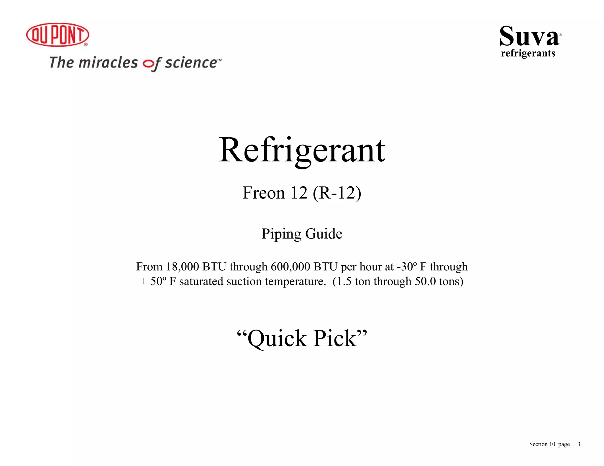 Refrigerant
Freon 12 (R-12)
Piping Guide
From 18,000 BTU through 600,000 BTU per hour at -30º F through
+ 50º F saturated suction temperature. (1.5 ton through 50.0 tons)
“Quick Pick”
Suvarefrigerants
®
Section 10 page .. 3
 