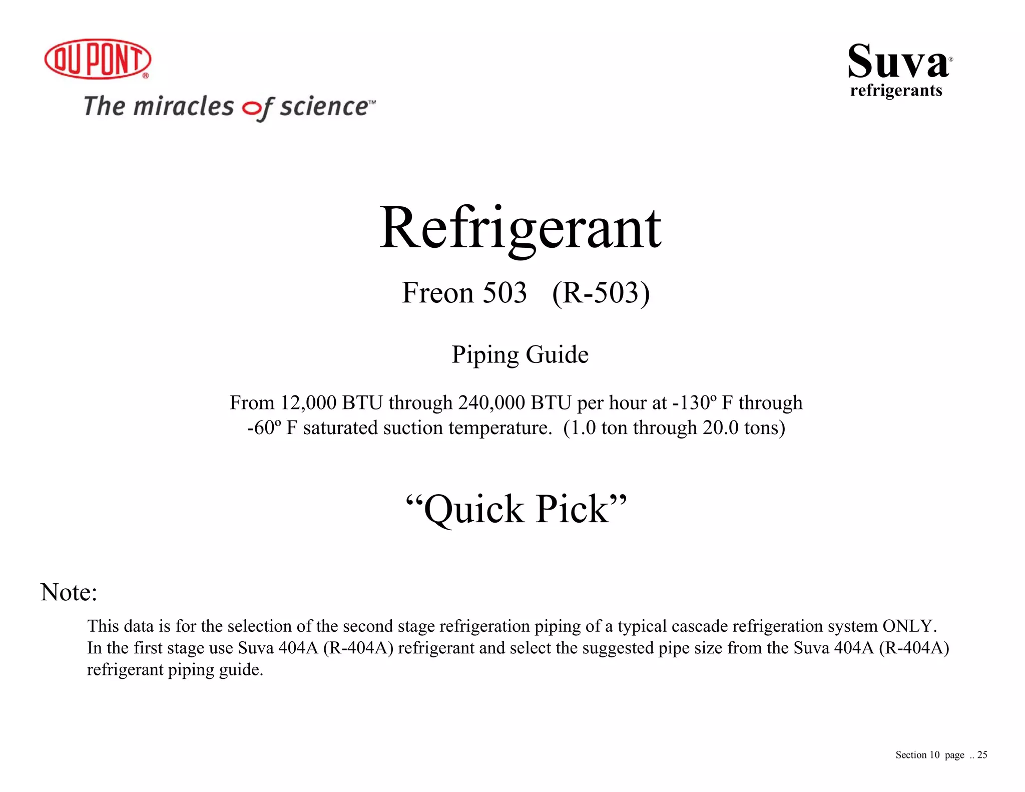 Refrigerant
Freon 503 (R-503)
Piping Guide
“Quick Pick”
This data is for the selection of the second stage refrigeration piping of a typical cascade refrigeration system ONLY.
In the first stage use Suva 404A (R-404A) refrigerant and select the suggested pipe size from the Suva 404A (R-404A)
refrigerant piping guide.
Note:
From 12,000 BTU through 240,000 BTU per hour at -130º F through
-60º F saturated suction temperature. (1.0 ton through 20.0 tons)
Suvarefrigerants
®
Section 10 page .. 25
 
