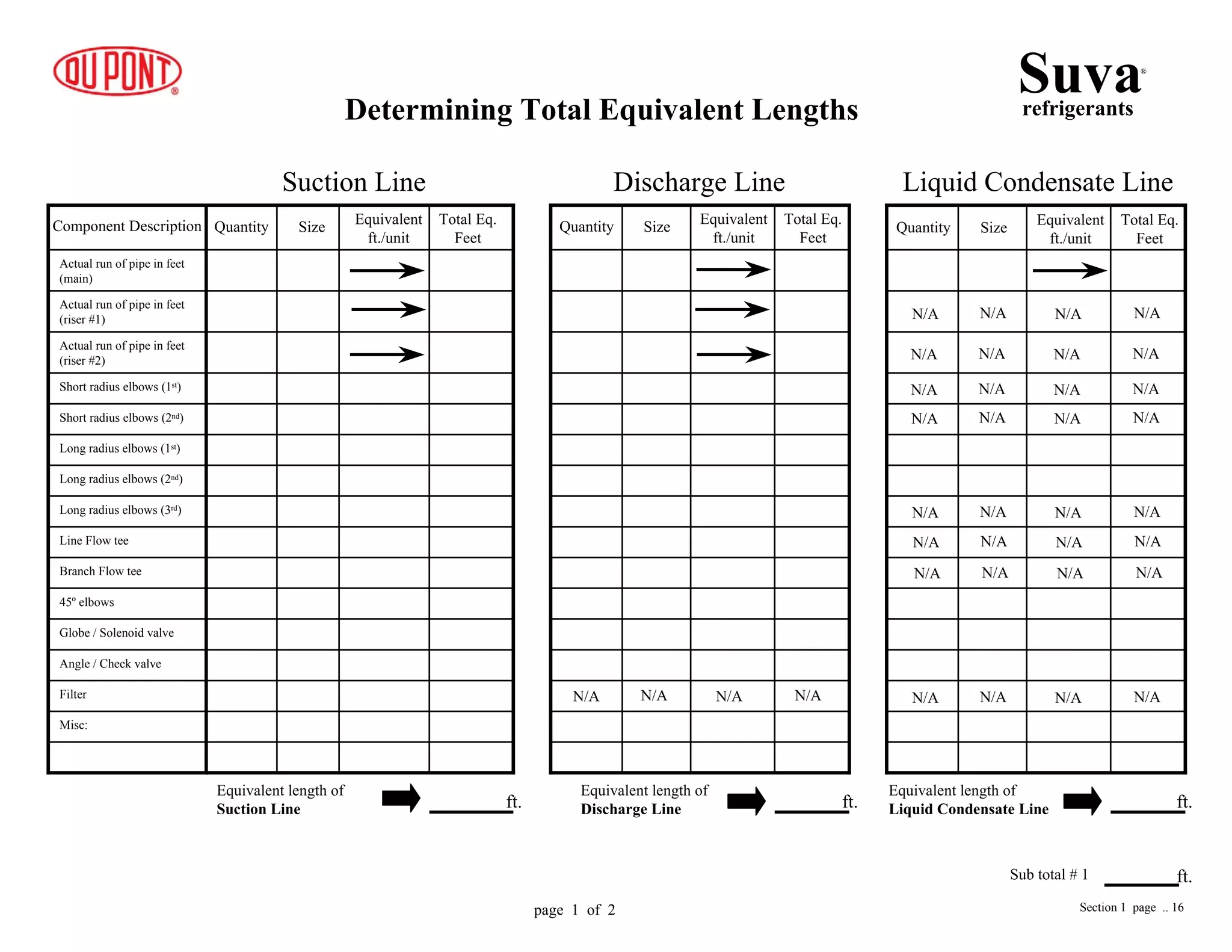 Misc:
Filter
Angle / Check valve
Globe / Solenoid valve
45º elbows
Branch Flow tee
Line Flow tee
Long radius elbows (3rd)
Long radius elbows (2nd)
Long radius elbows (1st)
Short radius elbows (2nd)
Short radius elbows (1st)
Actual run of pipe in feet
(riser #2)
Actual run of pipe in feet
(riser #1)
Actual run of pipe in feet
(main)
Suction Line Discharge Line Liquid Condensate Line
Equivalent length of
Suction Line
Equivalent length of
Discharge Line
Equivalent length of
Liquid Condensate Line
Determining Total Equivalent Lengths
ft. ft. ft.
Suvarefrigerants
®
Sub total # 1 ft.
N/A N/A N/A N/A
N/A N/A N/A N/A
N/A N/A N/A N/A
N/A N/A N/A N/A
N/A N/A N/A N/A
N/A N/A N/A N/A
N/A N/A N/A N/A
N/A N/A N/A N/AN/A N/A N/A N/A
Section 1 page .. 16page 1 of 2
Quantity Size Equivalent
ft./unit
Total Eq.
Feet
Quantity Size
Equivalent
ft./unit
Total Eq.
Feet
Quantity Size Equivalent
ft./unit
Total Eq.
Feet
Component Description
 