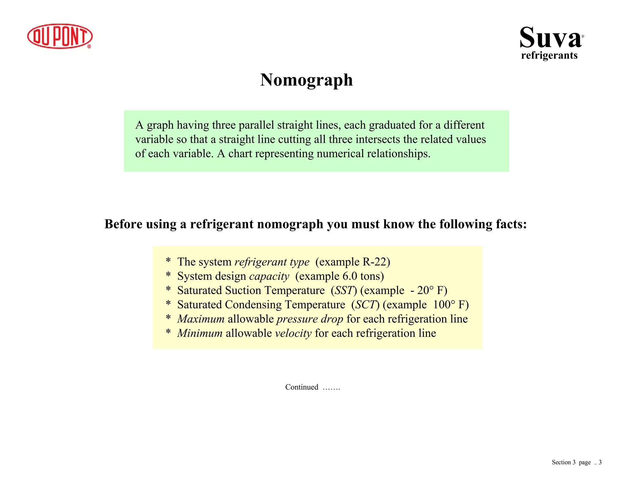 Nomograph
A graph having three parallel straight lines, each graduated for a different
variable so that a straight line cutting all three intersects the related values
of each variable. A chart representing numerical relationships.
Before using a refrigerant nomograph you must know the following facts:
* The system refrigerant type (example R-22)
* System design capacity (example 6.0 tons)
* Saturated Suction Temperature (SST) (example - 20° F)
* Saturated Condensing Temperature (SCT) (example 100° F)
* Maximum allowable pressure drop for each refrigeration line
* Minimum allowable velocity for each refrigeration line
Continued …….
Suvarefrigerants
®
Section 3 page .. 3
 