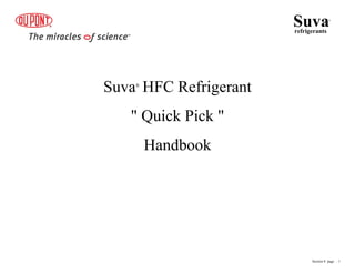 Suva®
HFC Refrigerant
" Quick Pick "
Handbook
Suvarefrigerants
®
Section 8 page .. 1
 
