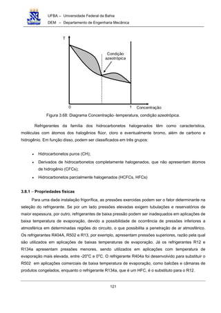 UFBA – Universidade Federal da Bahia
DEM – Departamento de Engenharia Mecânica
121
T
Concentração0 1
Condição
azeotrópica
Figura 3.68: Diagrama Concentração−temperatura, condição azeotrópica.
Refrigerantes da família dos hidrocarbonetos halogenados têm como característica,
moléculas com átomos dos halogênios flúor, cloro e eventualmente bromo, além de carbono e
hidrogênio. Em função disso, podem ser classificados em três grupos:
• Hidrocarbonetos puros (CH);
• Derivados de hidrocarbonetos completamente halogenados, que não apresentam átomos
de hidrogênio (CFCs);
• Hidrocarbonetos parcialmente halogenados (HCFCs, HFCs)
3.8.1 − Propriedades físicas
Para uma dada instalação frigorífica, as pressões exercidas podem ser o fator determinante na
seleção do refrigerante. Se por um lado pressões elevadas exigem tubulações e reservatórios de
maior espessura, por outro, refrigerantes de baixa pressão podem ser inadequados em aplicações de
baixa temperatura de evaporação, devido a possibilidade de ocorrência de pressões inferiores a
atmosférica em determinadas regiões do circuito, o que possibilita a penetração de ar atmosférico.
Os refrigerantes R404A, R502 e R13, por exemplo, apresentam pressões superiores, razão pela qual
são utilizados em aplicações de baixas temperaturas de evaporação. Já os refrigerantes R12 e
R134a apresentam pressões menores, sendo utilizados em aplicações com temperatura de
evaporação mais elevada, entre -20o
C e 0o
C. O refrigerante R404a foi desenvolvido para substituir o
R502 em aplicações comerciais de baixa temperatura de evaporação, como balcões e câmaras de
produtos congelados, enquanto o refrigerante R134a, que é um HFC, é o substituto para o R12.
 