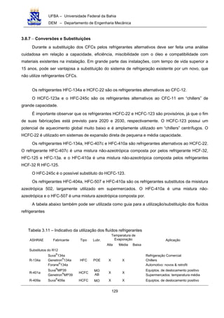 UFBA – Universidade Federal da Bahia
DEM – Departamento de Engenharia Mecânica
129
3.8.7 − Conversões e Substituições
Durante a substituição dos CFCs pelos refrigerantes alternativos deve ser feita uma análise
cuidadosa em relação a capacidade, eficiência, miscibilidade com o óleo e compatibilidade com
materiais existentes na instalação. Em grande parte das instalações, com tempo de vida superior a
15 anos, pode ser vantajosa a substituição do sistema de refrigeração existente por um novo, que
não utilize refrigerantes CFCs.
Os refrigerantes HFC-134a e HCFC-22 são os refrigerantes alternativos ao CFC-12.
O HCFC-123a e o HFC-245c são os refrigerantes alternativos ao CFC-11 em “chillers” de
grande capacidade.
É importante observar que os refrigerantes HCFC-22 e HCFC-123 são provisórios, já que o fim
de suas fabricações está previsto para 2020 e 2030, respectivamente. O HCFC-123 possui um
potencial de aquecimento global muito baixo e é amplamente utilizado em “chillers” centrífugos. O
HCFC-22 é utilizado em sistemas de expansão direta de pequena e média capacidade.
Os refrigerantes HFC-134a, HFC-407c e HFC-410a são refrigerantes alternativos ao HCFC-22.
O refrigerante HFC-407c é uma mistura não-azeotrópica composta por pelos refrigerante HCF-32,
HFC-125 e HFC-13a. e o HFC-410a é uma mistura não-azeotrópica composta pelos refrigerantes
HCF-32 R HFC-125.
O HFC-245c é o possível substituto do HCFC-123.
Os refrigerantes HFC-404a, HFC-507 e HFC-410a são os refrigerantes substitutos da misistura
azeotrópica 502, largamente utilizado em supermercados. O HFC-410a é uma mistura não-
azeotrópica e o HFC-507 é uma mistura azeotrópica composta por.
A tabela abaixo também pode ser utilizada como guia para a utilização/substituição dos fluídos
refrigerantes
Tabela 3.11 – Indicativo da utilização dos fluídos refrigerantes
Temperatura de
EvaporaçãoASHRAE Fabricante Tipo Lubr.
Alta Média Baixa
Aplicação
Substitutos do R12
R-134a
Suva
®
134a
Genetron
®
134a
Forane®
134a
HFC POE X X
Refrigeração Comercial
Chillers
Automotivo: novos & retrofit
R-401a
Suva
®
MP39
Genetron
®
MP39
HCFC
MO
AB
X X
Equiptos. de deslocamento positivo
Supermercados: temperatura média
R-409a Suva®
409a HCFC MO X X Equiptos. de deslocamento positivo
 