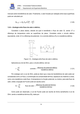 UFBA – Universidade Federal da Bahia
DEM – Departamento de Engenharia Mecânica
14
manuais sobre transferência de calor. Finalmente, o calor trocado por radiação entre duas superfícies
pode ser calculado por:
( )4
2
4
1AE21 TTAFFQ −σ=− (1.20)
1.8.4 – Analogia entre fluxo de calor e elétrico.
Considere a placa abaixo, através da qual é transferido o fluxo de calor Q , sendo ∆T a
diferença de temperatura entre as superfícies da placa.. Considere ainda o circuito elétrico
equivalente, onde ∆V é a diferença de potencial, i é a corrente elétrica e Re é a resistência elétrica.
Figura 1.6 – Analogia entre fluxo de calor e elétrico.
Aplicando-se a lei de Ohm, para o circuito elétrico, tem-se:
elétricaaresistênci
elétricopotencialdediferença
corrente
R
V
i
e
=
∆
= (1.21)
Por analogia com a Lei de Ohm, pode-se dizer que a taxa de transferência de calor pode ser
considerada como um fluxo, a combinação da condutividade térmica, espessura do material e a área,
como uma resistência a este fluxo. A temperatura é a função potencial, ou motora, para este fluxo de
calor, então a equação de Fourier pode ser escrita como:
térmicaaresistênci
térmicopotencialdediferença
calordefluxo
R
T
Q
t
=
∆
= (1.22)
Como pode ser observado, a Lei de Fourier pode ser escrita de forma semelhante à Lei de
Ohm, sendo a resistência térmica (Rt), dada por:
 