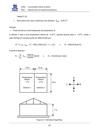 UFBA – Universidade Federal da Bahia
DEM – Departamento de Engenharia Mecânica
207
Tabela 3.12).
• Área estima dos vãos e aberturas nas câmaras: 2
estA 0,04 m=
Solução:
i.) Perda devido ao nível inadequado de temperatura tP
A câmara 1 está a uma temperatura interna de o
5,0 C− , quando deveria estar a o
1,0 C− , então o
calor retirado em excesso pode ser determinado por:
( ) [ ]arar pQ V c T 1200.1,293.0,24. 1 5 Q 1489,54 kcal/h = ⋅ρ ⋅ ⋅ ∆ = − − − ⇒ = 
A perda é dada por:
t m t
G
Q 1489,54
ˆP C 44200 P 416,69 kwh/mes
C 158000
= ⋅ = ⇒ =   
Figura 8.1: Câmaras Frigoríficas.
N
S
L O
7 m
12 m15 m
Temperatura
Interna
o
1 C−
Temperatura
Interna
o
5 C−
Câmara 1 Câmara 2
20 m
 