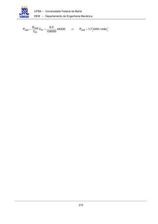 UFBA – Universidade Federal da Bahia
DEM – Departamento de Engenharia Mecânica
210
ved
ved m ved
G
Q 6,0
ˆP C 44200 P 1,7 kWh/mes
C 158000
= = ⇒ =   
 