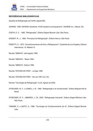 UFBA – Universidade Federal da Bahia
DEM – Departamento de Engenharia Mecânica
239
REFERÊNCIAS BIBLIOGRÁFICAS
Apostila de Refrigeração da FUPAI, Itajubá MG.
ASHRAE, 1996 “ASHRAE Handbook, HVAC Systems and Equipment”, ASHRAE Inc., Atlanta, GA.
COSTA, E. C. , 1982, “Refrigeração”, Editora Edgard Blucher Ltda, São Paulo.
DOSSAT, R., J., 1980, “Princípios de Refrigeração”, Editora Hemus, São Paulo.
PIZZETTI, C., 1970, “Acondicionamiento del Aire y Refrigeracion", Costanilla de Los Angeles, Editoral
Interciencia, 15, Madrid-13.
Revista “ABRAVA”, abril-agosto 1980.
Revista “ABRAVA”, Março 1982.
Revista “ABRAVA”, Set/out 1990.
Revista “OFICINA DO FRIO” - Jul-Ago 1996.
Revista “OFICINA DO FRIO” - Nov de 1997 (vol. 34).
Revista “Tecnologia da Refrigeração” no,24, Agosto de 2002.
STOECKER, W. F., e JONES, J. W., 1985, “Refrigeração e Ar Condicionado”, Editora Mcgraw-Hill do
Brasil.
STOECKER, W. F., JABARDO, J., M., 2002, “Refrigeração Industrial”, Editora Edgard Blücher Ltda,
São Paulo.
YAMANE, E. e SAITO, H., 1986, “Tecnologia do Condicionamento de Ar”, Editora Edgard Blucher
Ltda.
 