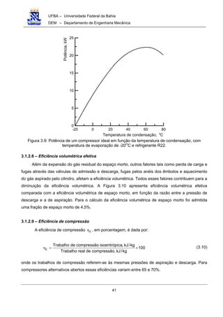 UFBA – Universidade Federal da Bahia
DEM – Departamento de Engenharia Mecânica
41
-20 0 20 40 60 80
0
5
10
15
20
25
Potência,kW
Temperatura de condensação, Co
Figura 3.9: Potência de um compressor ideal em função da temperatura de condensação, com
temperatura de evaporação de -20O
C e refrigerante R22.
3.1.2.8 – Eficiência volumétrica efetiva
Além da expansão do gás residual do espaço morto, outros fatores tais como perda de carga e
fugas através das válvulas de admissão e descarga, fugas pelos anéis dos êmbolos e aquecimento
do gás aspirado pelo cilindro, afetam a eficiência volumétrica. Todos esses fatores contribuem para a
diminuição da eficiência volumétrica. A Figura 3.10 apresenta eficiência volumétrica efetiva
comparada com a eficiência volumétrica de espaço morto, em função da razão entre a pressão de
descarga e a de aspiração. Para o cálculo da eficiência volumétrica de espaço morto foi admitida
uma fração de espaço morto de 4,5%.
3.1.2.9 – Eficiência de compressão
A eficiência de compressão cη , em porcentagem, é dada por:
100
kg/kJ,compressãoderealTrabalho
kg/kJ,caisoentrópicompressãodeTrabalho
c ×=η (3.10)
onde os trabalhos de compressão referem-se às mesmas pressões de aspiração e descarga. Para
compressores alternativos abertos essas eficiências variam entre 65 e 70%.
 