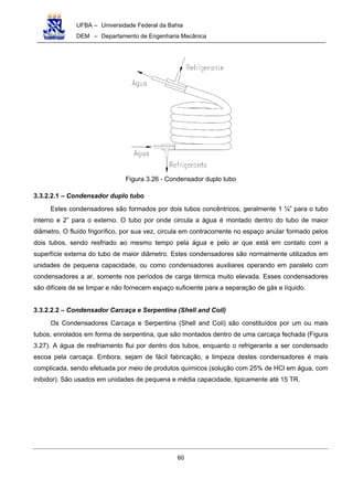 UFBA – Universidade Federal da Bahia
DEM – Departamento de Engenharia Mecânica
60
Figura 3.26 - Condensador duplo tubo
3.3.2.2.1 – Condensador duplo tubo
Estes condensadores são formados por dois tubos concêntricos, geralmente 1 ¼” para o tubo
interno e 2” para o externo. O tubo por onde circula a água é montado dentro do tubo de maior
diâmetro. O fluído frigorífico, por sua vez, circula em contracorrente no espaço anular formado pelos
dois tubos, sendo resfriado ao mesmo tempo pela água e pelo ar que está em contato com a
superfície externa do tubo de maior diâmetro. Estes condensadores são normalmente utilizados em
unidades de pequena capacidade, ou como condensadores auxiliares operando em paralelo com
condensadores a ar, somente nos períodos de carga térmica muito elevada. Esses condensadores
são difíceis de se limpar e não fornecem espaço suficiente para a separação de gás e líquido.
3.3.2.2.2 – Condensador Carcaça e Serpentina (Shell and Coil)
Os Condensadores Carcaça e Serpentina (Shell and Coil) são constituídos por um ou mais
tubos, enrolados em forma de serpentina, que são montados dentro de uma carcaça fechada (Figura
3.27). A água de resfriamento flui por dentro dos tubos, enquanto o refrigerante a ser condensado
escoa pela carcaça. Embora, sejam de fácil fabricação, a limpeza destes condensadores é mais
complicada, sendo efetuada por meio de produtos químicos (solução com 25% de HCl em água, com
inibidor). São usados em unidades de pequena e média capacidade, tipicamente até 15 TR.
 