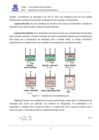 UFBA – Universidade Federal da Bahia
DEM – Departamento de Engenharia Mecânica
2
pressão, a temperatura de saturação é de 100 o
C. Para uma substância pura há uma relação
definida entre a pressão de saturação e a temperatura de saturação correspondente.
Líquido Saturado. Se uma substância se encontra como líquido à temperatura e pressão de
saturação, diz-se que ela está no estado de líquido saturado.
Líquido Sub-resfriado. Se a temperatura do líquido é menor que a temperatura de saturação,
para a pressão existente, o líquido é chamado de líquido sub-resfriado (significa que a temperatura é
mais baixa que a temperatura de saturação para a pressão dada), ou líquido comprimido,
(significando ser a pressão maior que a pressão de saturação para a temperatura dada).
Figura 1.1 – Estados de uma substância pura.
Título (x). Quando uma substância se encontra parte líquida e parte vapor, na temperatura de
saturação (isto ocorre, em particular, nos sistemas de refrigeração, no condensador e no
evaporador), a relação entre a massa de vapor e a massa total, isto é, massa de líquido mais a
massa de vapor, é chamada de título (x). Matematicamente, tem-se:
t
v
vl
v
m
m
mm
m
x =
+
= (1.1)
 