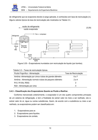 UFBA – Universidade Federal da Bahia
DEM – Departamento de Engenharia Mecânica
72
de refrigerante que se evaporaria devido à carga aplicada, é conhecida com taxa de recirculação (n).
Alguns valores típicos da taxa de recirculação são mostrados na Tabela 3.3.
evaporadavazão
terefrigerandevazão
n = (3.29)
Figura 3.35 – Evaporadores inundados com recirculação de líquido (por bomba).
Tabela 3.3 – Taxas de recirculação típicas.
Fluído Frigorífico - Alimentação Taxa de Recirculação
Amônia -Alimentação por cima e tubos de grande diâmetro 6 a 7
Amônia - Alimentação normal e tubos de pequeno diâmetro 2 a 4
R12, R134a, R502. 2
R22 - Alimentação por cima 3
3.4.3 – Classificação dos Evaporadores Quanto ao Fluído a Resfriar.
Conforme mencionado anteriormente, o evaporador é um dos quatro componentes principais
de um sistema de refrigeração, e tem a finalidade de extrair calor do meio a ser resfriado, isto é,
extrair calor do ar, água ou outras substâncias. Assim, de acordo com a substância ou meio a ser
resfriado, os evaporadores podem ser classificados em:
1. Evaporadores para ar.
2. Evaporadores para líquidos.
3. Evaporadores de contato.
 