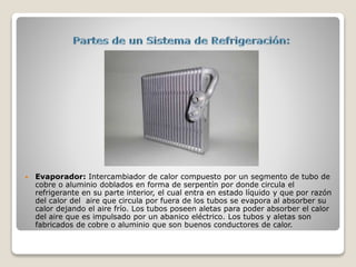  Evaporador: Intercambiador de calor compuesto por un segmento de tubo de
cobre o aluminio doblados en forma de serpentín por donde circula el
refrigerante en su parte interior, el cual entra en estado líquido y que por razón
del calor del aire que circula por fuera de los tubos se evapora al absorber su
calor dejando el aire frío. Los tubos poseen aletas para poder absorber el calor
del aire que es impulsado por un abanico eléctrico. Los tubos y aletas son
fabricados de cobre o aluminio que son buenos conductores de calor.
 